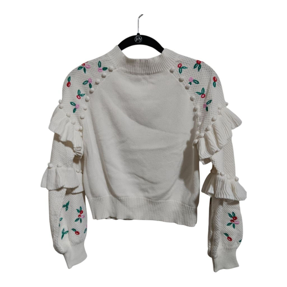 Glamorous Coquette Pointelle Knit Sweater with Embrodierd Flowers and Pom Poms - Picture 4 of 16